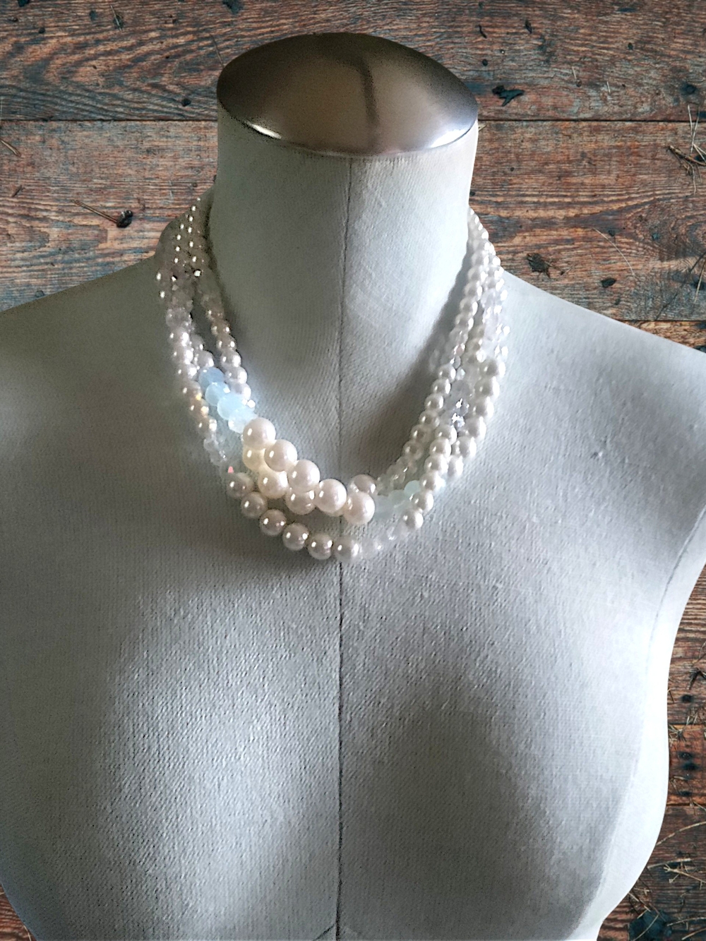 Multi-Strand White Pearl and Iridescent Bead Necklace -